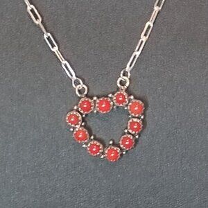 Heart Shaped Red Coral Pendant Necklace on Sterling Silver Chain Adjustable 9.5g